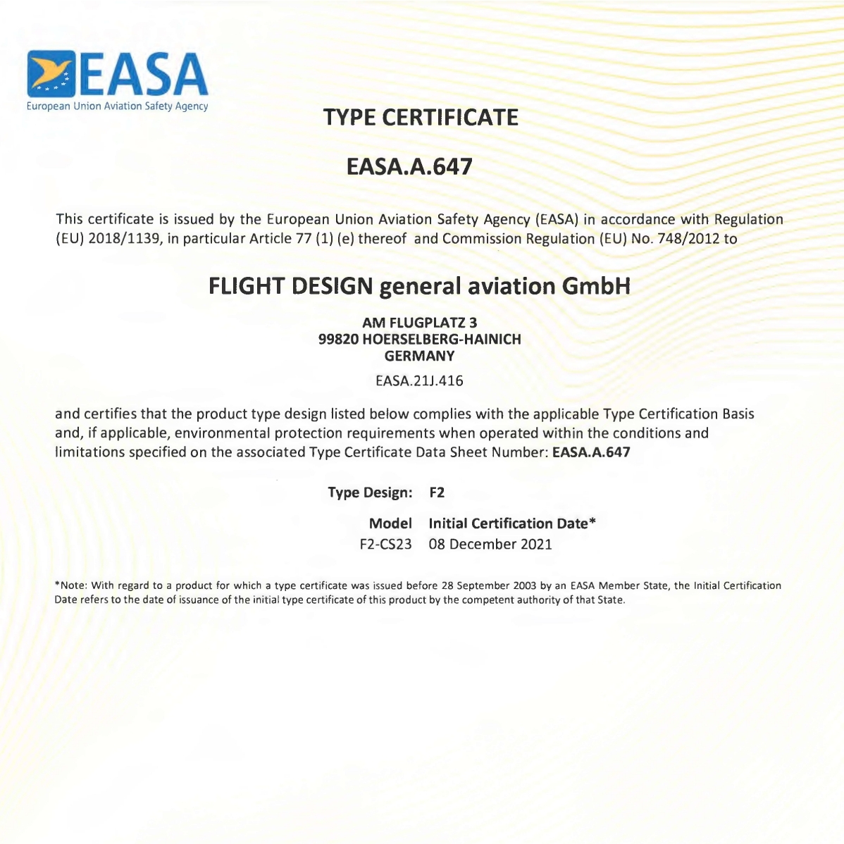 FLIGHT DESIGN F2 EASA CS-23 CERTIFIED